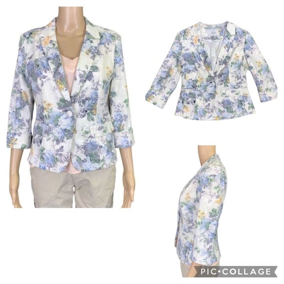 Lucy Paris Womens Tailored Blazer Suit Jacket Pastel Floral Print Blue Medium - Picture 1 of 11